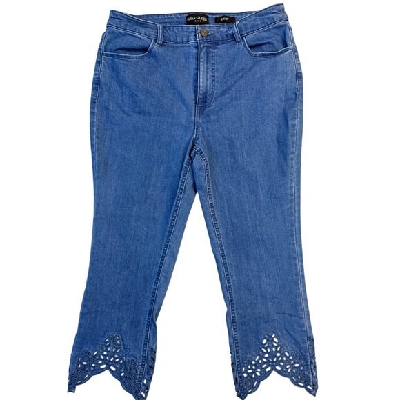 Susan Graver Denim - Susan Graver Capri Jeans 10P Slim Fit Ankle Cropped Eyelet Hem Blue Denim